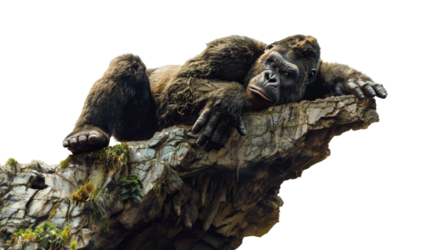 Gorilla sleeps on a large rock. on a transparent background illustration, Generative AI