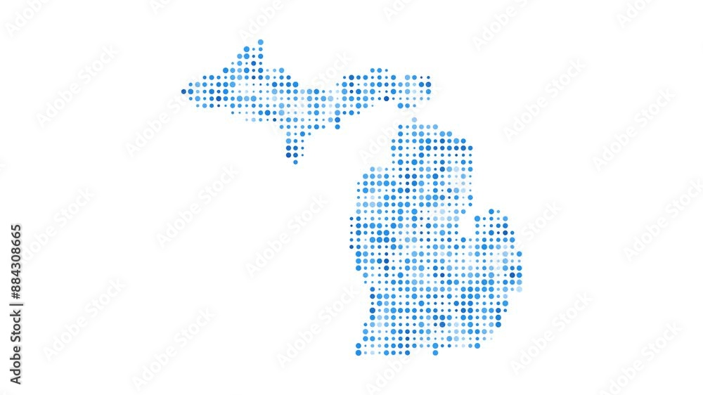 Poster michigan dotted digital map. map of michigan with pulsating colored circles. shape of the us state f