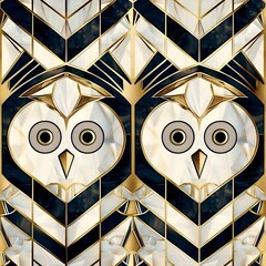 Geometric Owl Pattern in Art Deco Style with Gold Accents