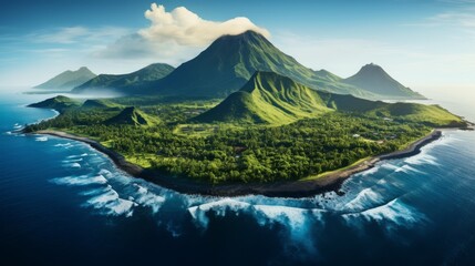Naklejka premium Aerial view of a tropical island with a towering mountain, lush greenery, and blue ocean