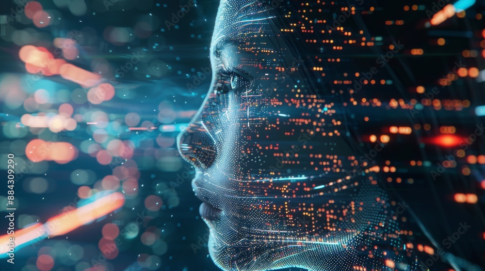 Poster ai humanoid head with futuristic data streams