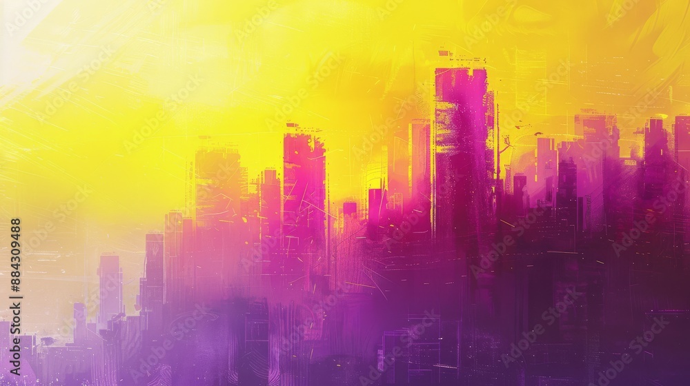 Poster an abstract depiction of an urban environment with vibrant gradient tones from yellow to purple