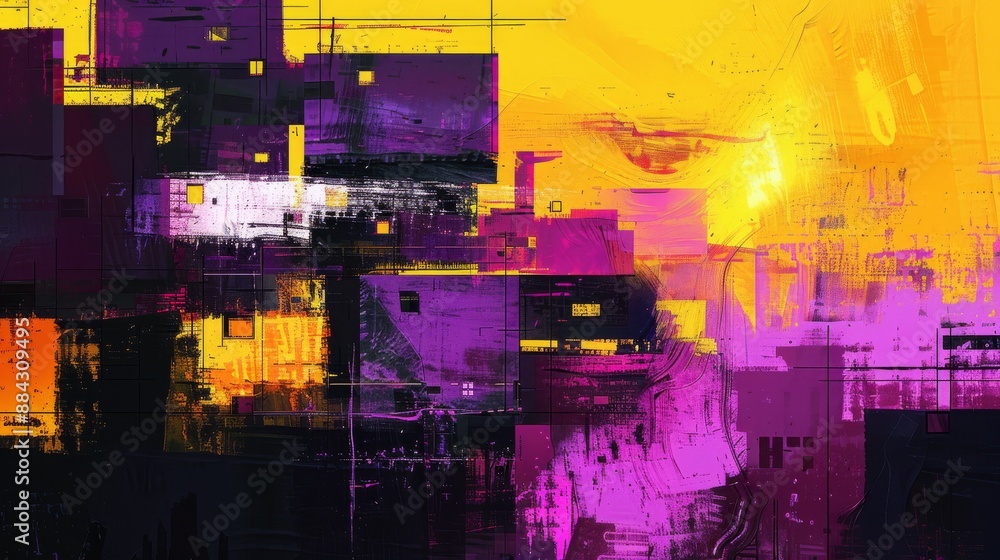 Poster an abstract depiction of an urban environment with vibrant gradient tones from yellow to purple