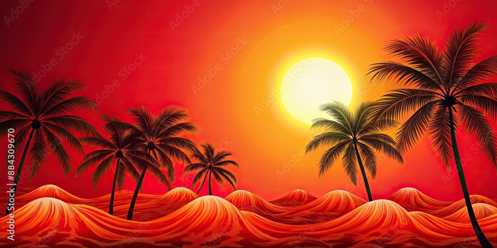 Wall mural Vibrant red of summer vibes background with palm trees, sun, and waves , summer, vibes, wallpaper, background, red,tropical, beach