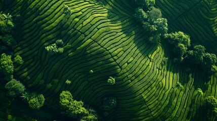 An aerial view showcasing the intricate patterns and lush greenery of a tea plantation on a sunny day