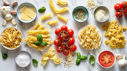An artistic arrangement of different pasta shapes and ingredients like tomatoes, garlic, and basil on a marble countertop