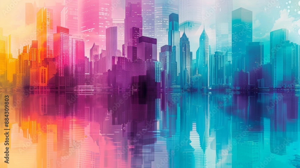 Poster An artistic representation of urban architecture with vibrant gradient tones from teal to magenta