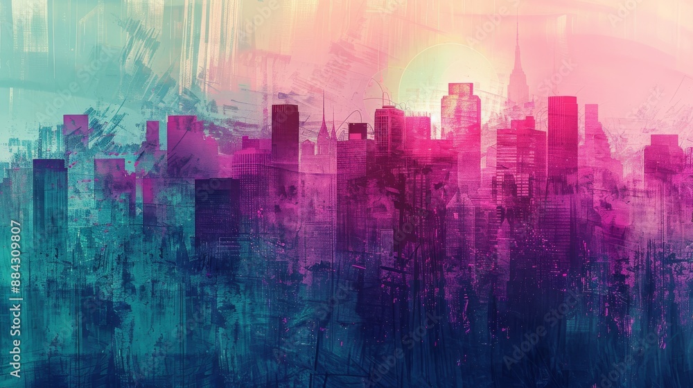 Aufkleber An artistic representation of urban architecture with vibrant gradient tones from teal to magenta