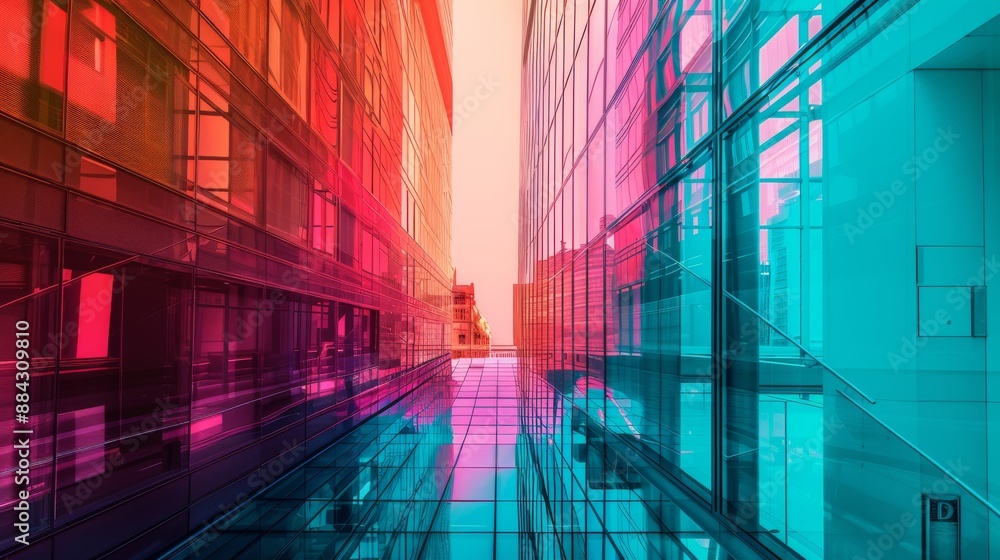 Poster an artistic representation of urban architecture with vibrant gradient tones from teal to magenta