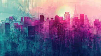 Fototapeta premium An artistic representation of urban architecture with vibrant gradient tones from teal to magenta