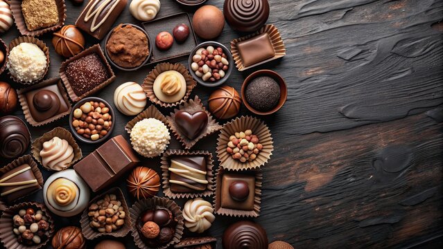 Sumptuous assortment of chocolates for World Chocolate Day celebration, chocolates, spread, assorted, dark background