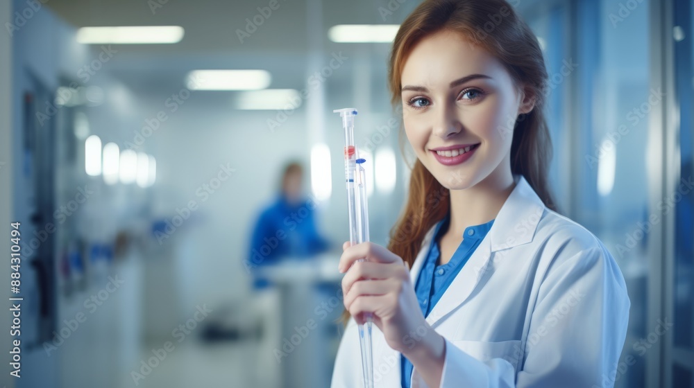 Poster beautiful smiling student holding a large pipette in a bright modern laboratory with copy space