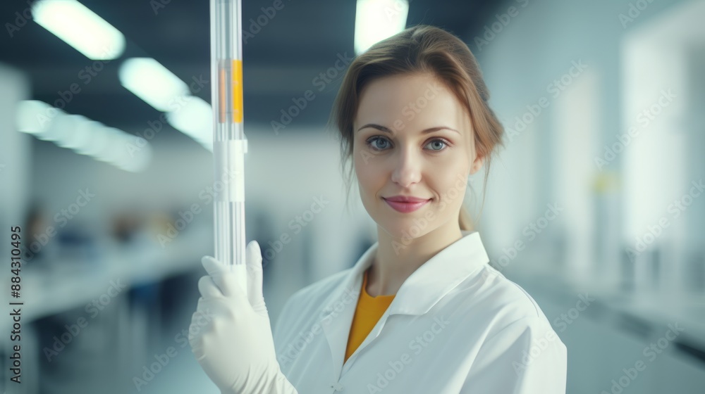 Poster beautiful smiling student holding a large pipette in a bright modern laboratory with copy space