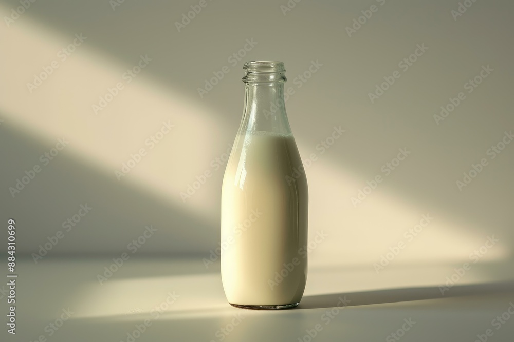Poster tranquil image of a full milk bottle basked in soft sunlight with shadows on a plain background