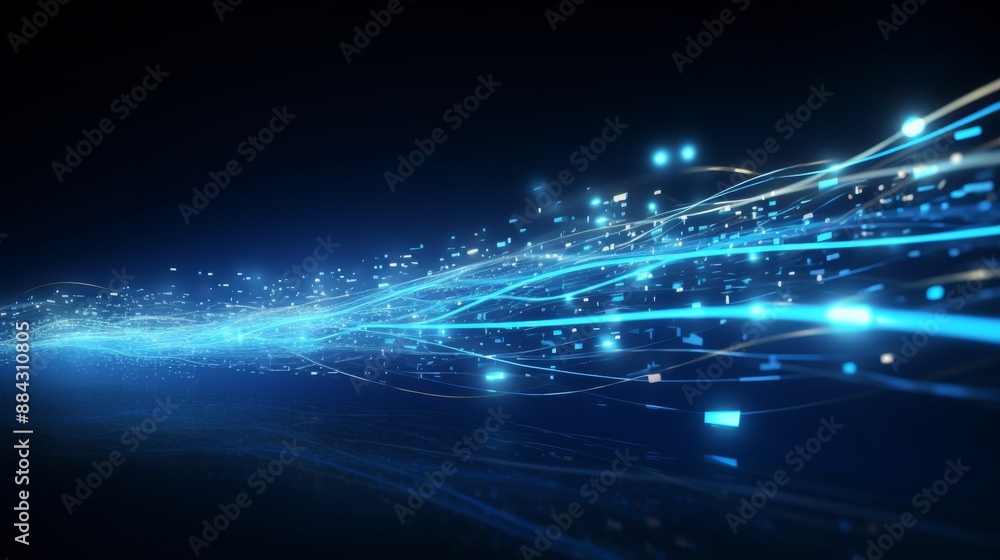 Poster Blue light trails representing data flow in a dark background
