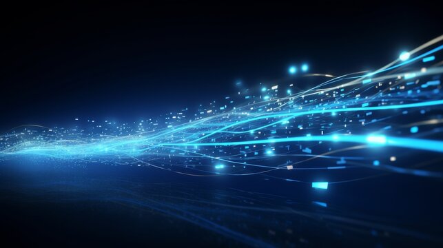 Blue light trails representing data flow in a dark background