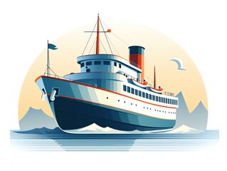 Vintage ocean liner illustration with mountains and seagull, perfect for maritime, travel, and adventure themes. Nostalgic and beautifully detailed.