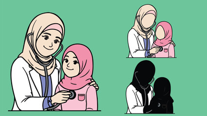 Female doctor, doctor with hijab, physician in white scrubs examine a child with a stethoscope, listen to his heartbeat Pediatrician examining patient. Kids visit a doctor for a checkup.
