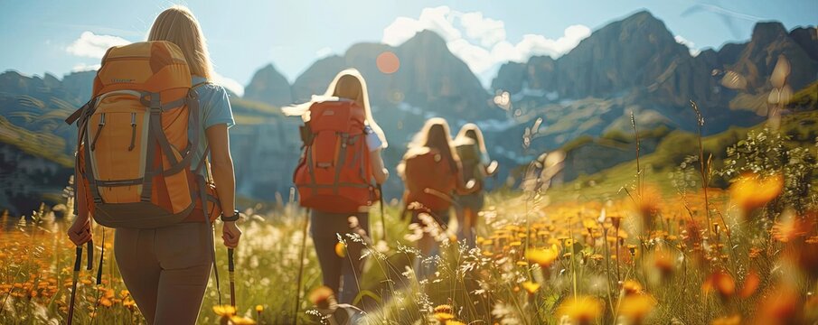 Group of friends hiking in the mountains, showcasing the benefits of social activities and fitness