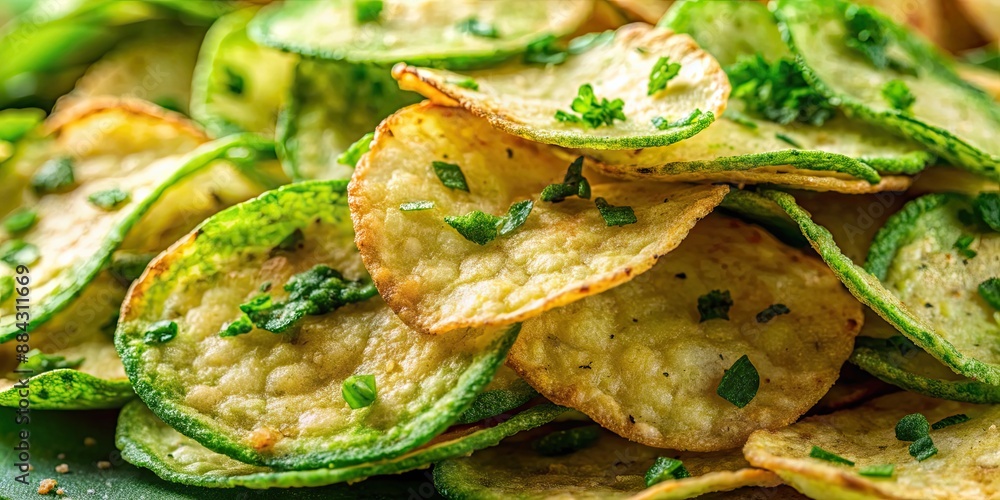 Canvas Prints Close-up of crispy green seasoned chips , snack, food, potato, crunchy, delicious, snack, appetizer, close-up, crispy, tasty