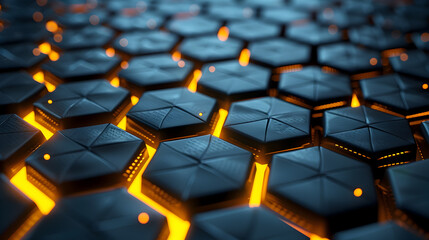 Obraz premium Sleek Hexagonal Black Metal Backdrop with Intricate 3D Geometric Structure and Radiant Golden Lighting Grid Premium Industrial Aesthetic in Retrofuturistic Corporate Urban Environment