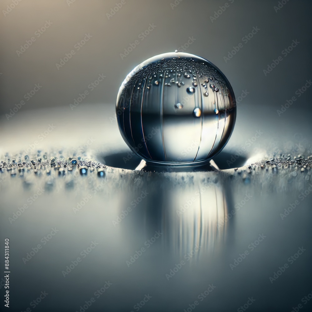 Poster macro photo of a water drop on a smooth surface with reflection