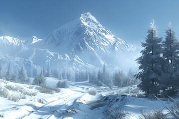 Obraz premium Majestic Snowy Mountain Peaks with Pristine Winter Forests and Blue Sky - Stunning Nature Landscape with Crisp Details