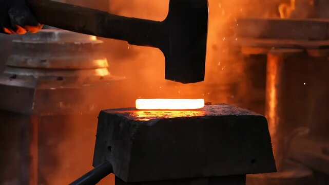 Glowing hot metal on anvil in dark forge