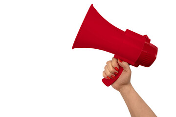 Loudhailer, hand holding megaphone. Announcement, advertising, public hearing concept. Mockup design with loudspeaker, background with blank empty space for copy space.