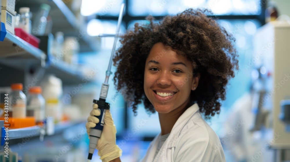 Poster cheerful student holding a large pipette in a brightly lit lab with scientific instruments