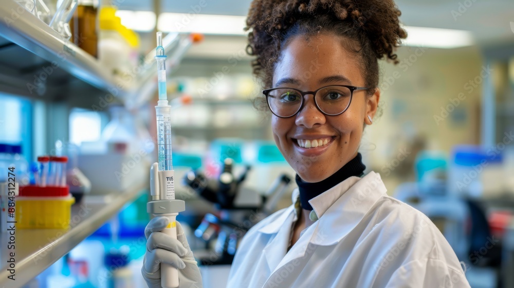 Poster cheerful student holding a large pipette in a brightly lit lab with scientific instruments