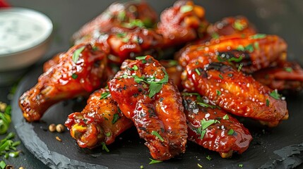 Plate of spicy buffalo wings with dipping sauce, showcasing popular appetizers