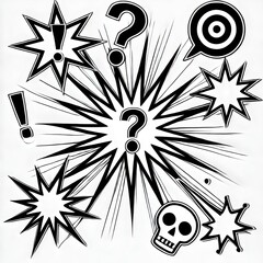 A dynamic black and white comic-style illustration featuring various explosive symbols and punctuation marks