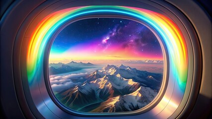 View from airplane window with rainbow, mountains, and futuristic lights in synthwave style, aeroplane, rainbow, mountains