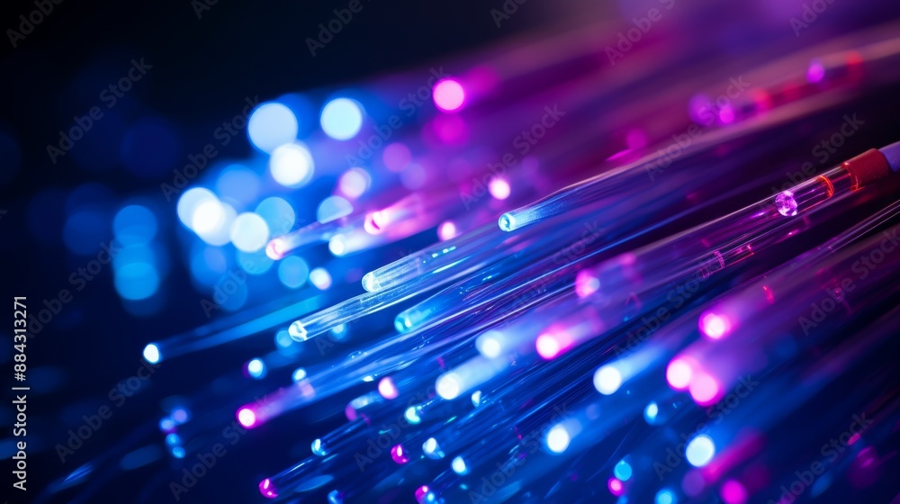 Poster close-up of fiber optics with vibrant light bursts representing data flow