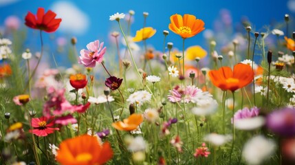 Naklejka premium Close-up of various wildflowers in a green field
