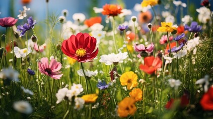 Obraz premium Close-up of various wildflowers in a green field