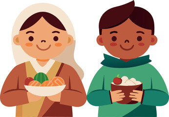 Cute illustration of children holding bowls filled with food, smiling with happy expressions. Perfect for concepts of friendship, diversity, and cultural celebration.