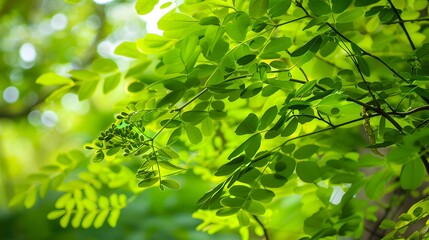 Obraz premium Close-up of green leaves on a branch with sunlight filtering through, creating a soft, natural background