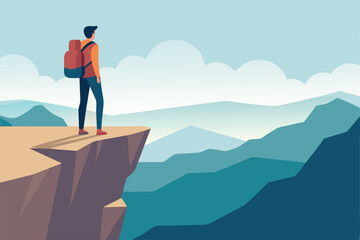 Obraz premium Illustration of a hiker standing on a mountain cliff edge, admiring the stunning view of mountains and clouds in the distance.