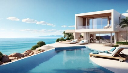 Fototapeta premium Luxury beach house with sea view swimming pool and terrace in modern design. 3d illustration of contemporary holiday villa exterior. 