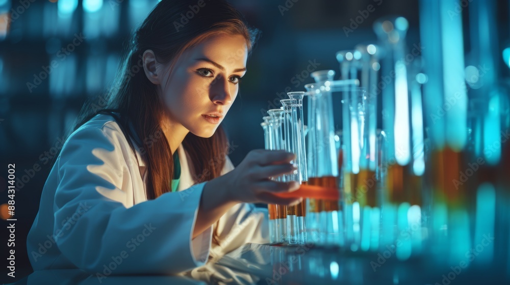 Poster college student analyzing test tube samples in a lab environment