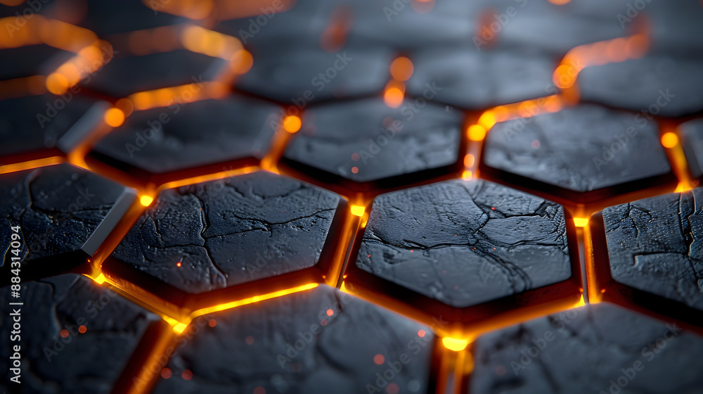 Aufkleber luxurious hexagonal black metal surface featuring a dark 3d geometric pattern and a luminous golden 