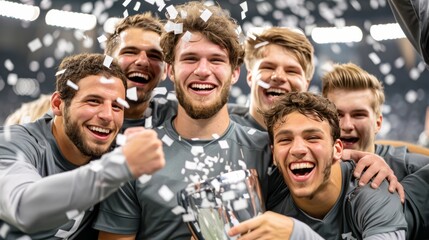 Obraz premium Triumphant Football Team Celebrates Championship Victory with Trophy and Confetti