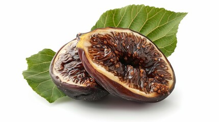 
Dried fig cracked in half with leaves, isolated on a white background