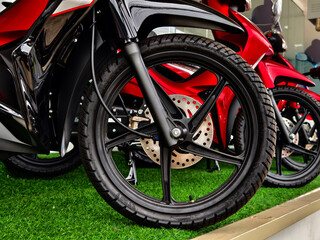 Detailed view of a motorcycle wheels and brakes