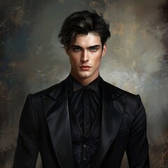 Fototapeta premium Dashing Gentleman in Elegant Black Suit with Stylish Hairstyle - Modern Formal Attire Concept