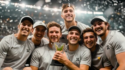 Triumphant Football Team Celebrates Championship Victory with Trophy