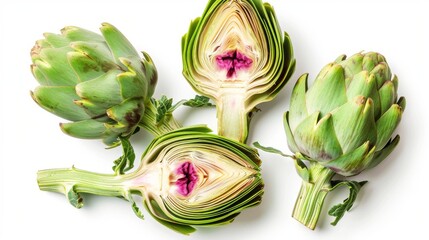 Naklejka premium Fresh artichokes, including one cut in half, isolated on a white background, top view