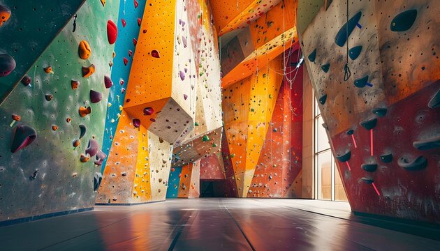 Colorful rock climbing walls in an indoor gym, interior design of bouldering wall for sport and outdoor activity background, wide banner with copy space area